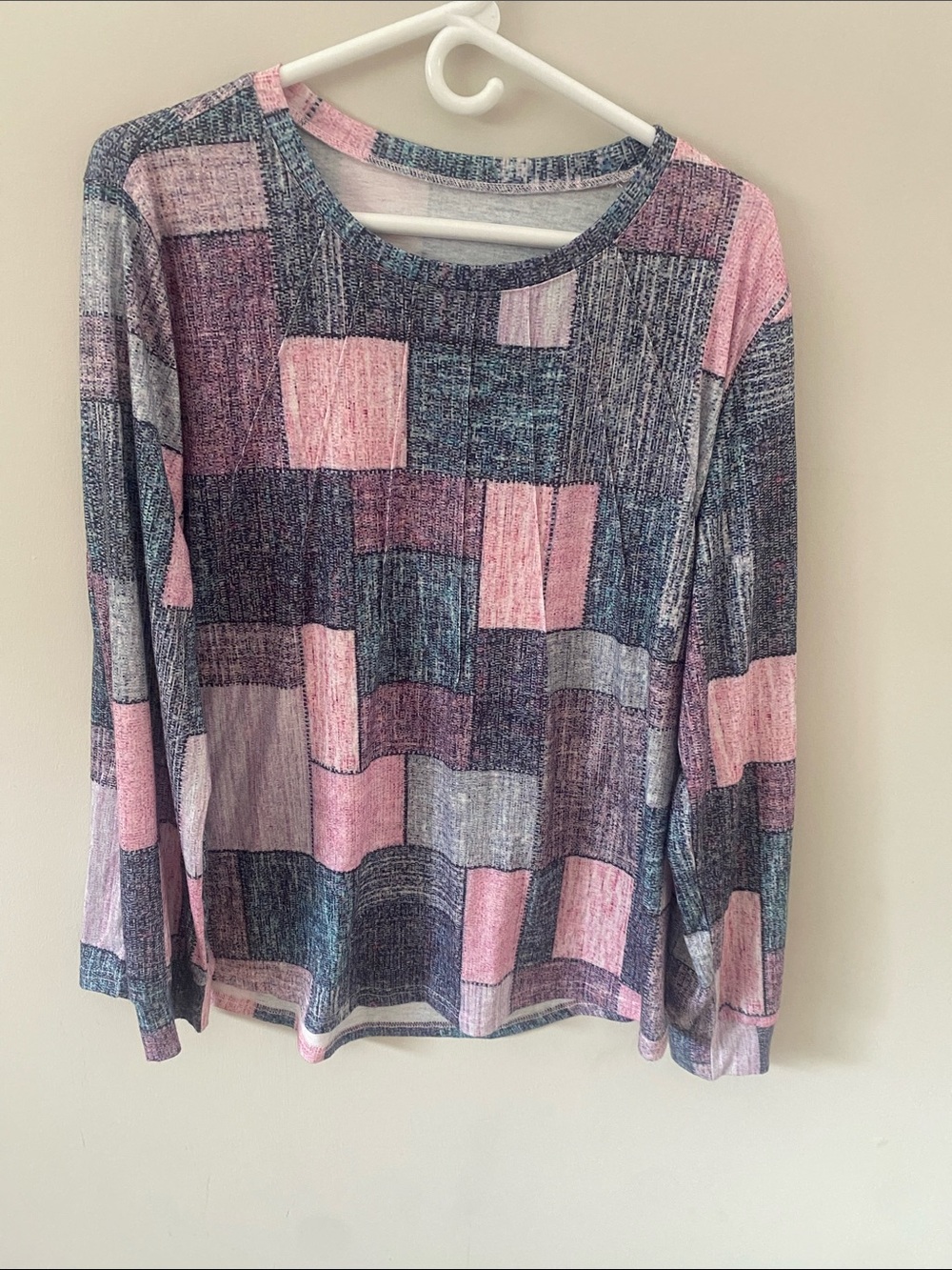 Women’s Long Sleeve Patchwork Print Top in Pink and Blue